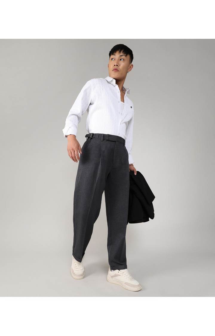 Men's Charcoal Black Solid Polyester Trousers