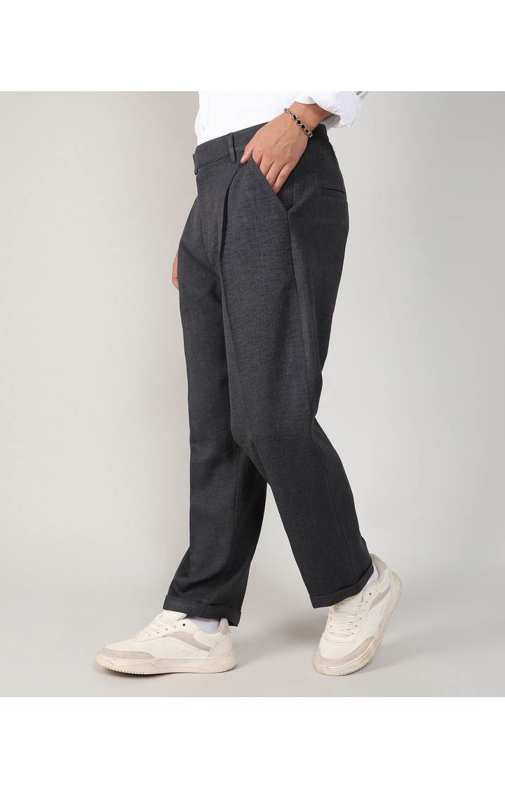 Men's Charcoal Black Solid Polyester Trousers