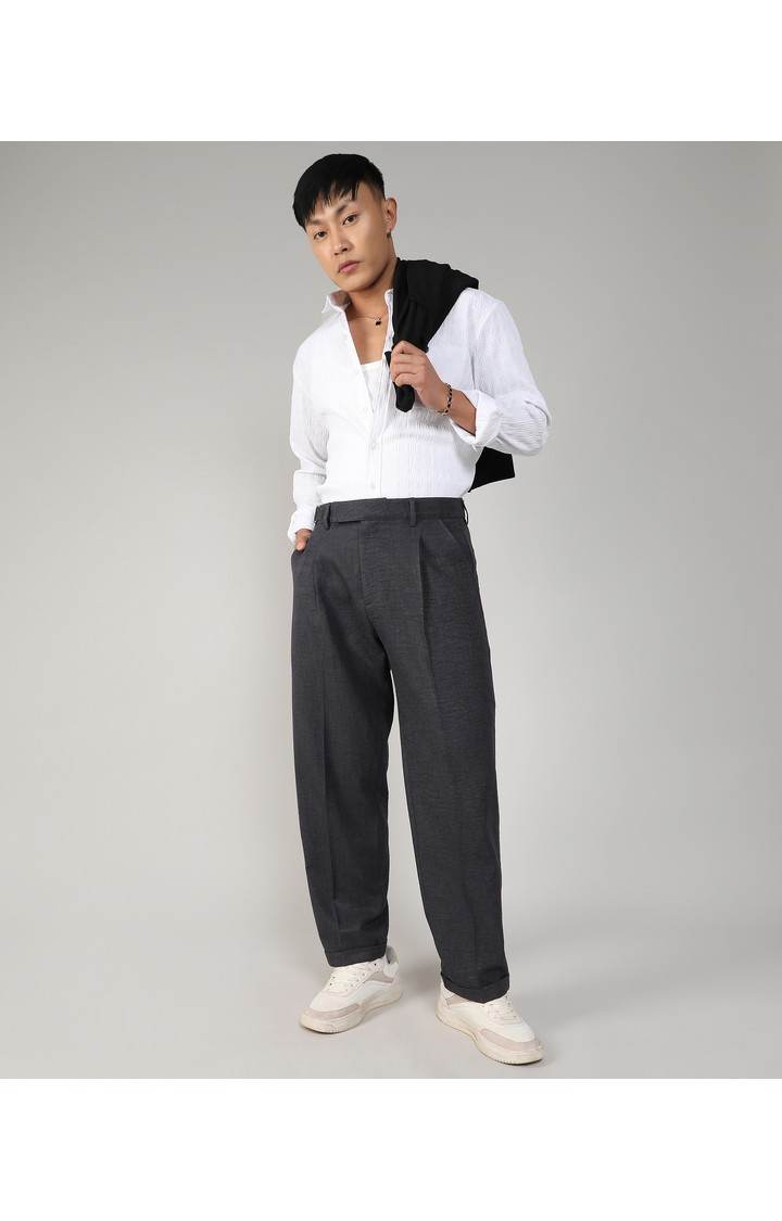 Men's Charcoal Black Solid Polyester Trousers