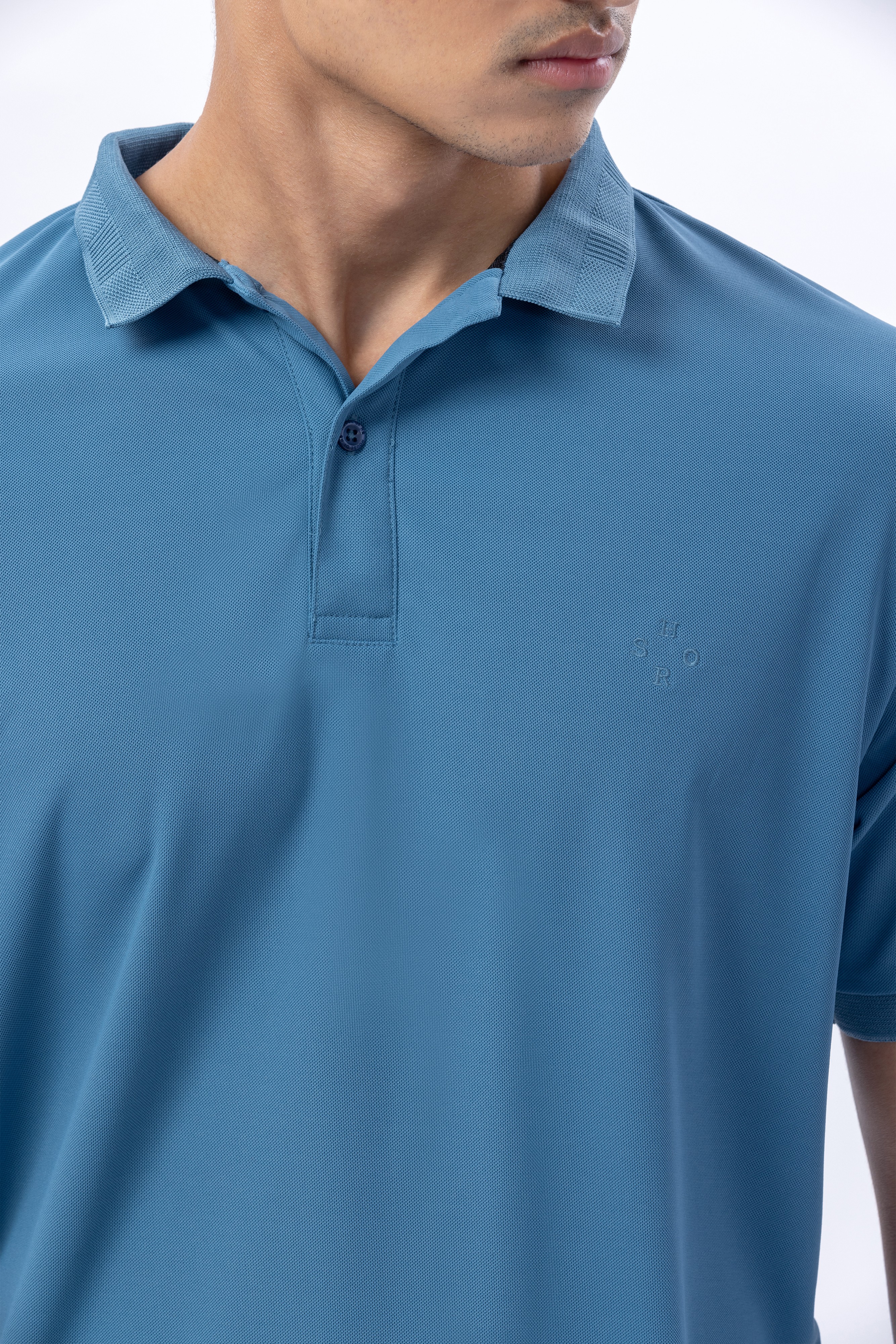 Classic Blue Polo With Jacquard Collar