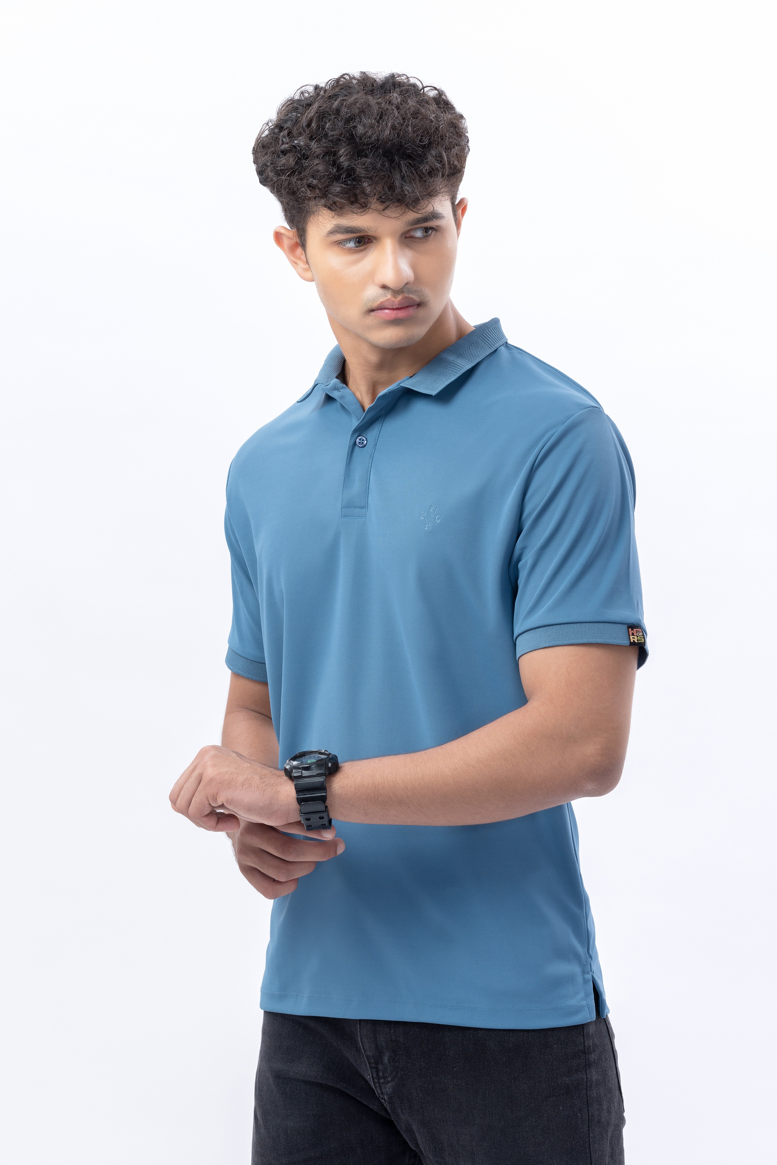 Classic Blue Polo With Jacquard Collar