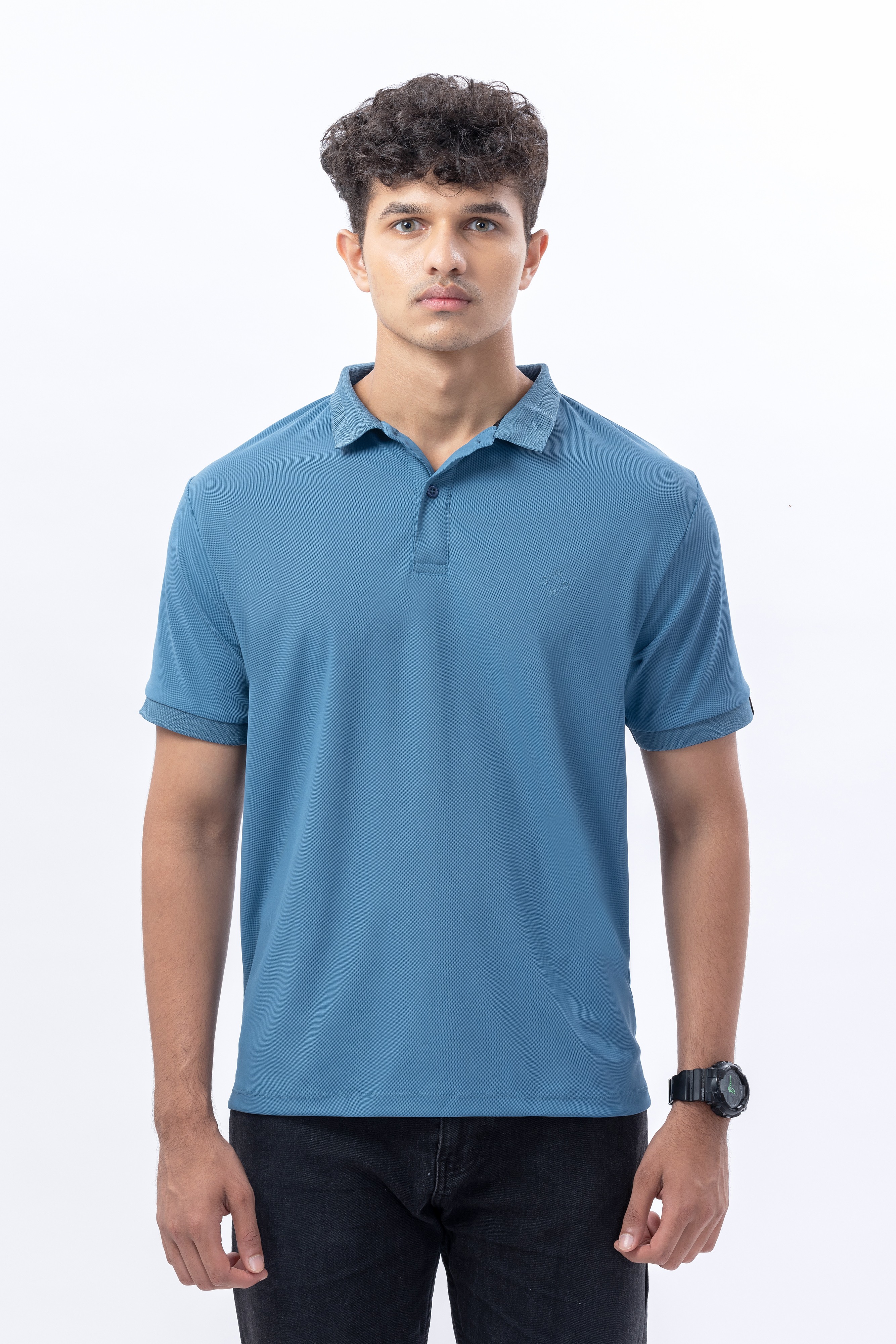Classic Blue Polo With Jacquard Collar