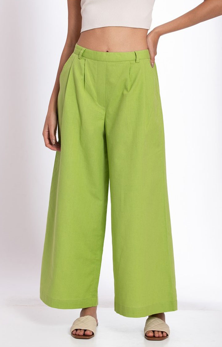 Palison | Women's Green Linen Solid Casual Pant 0