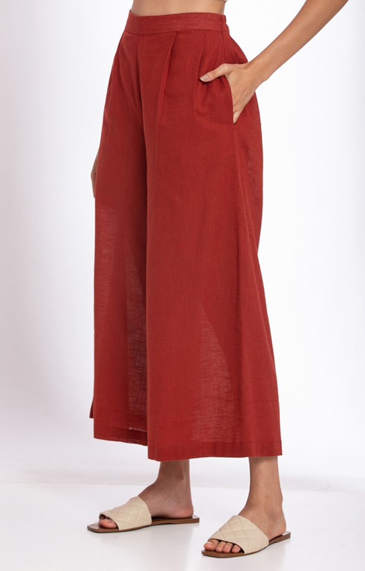 Women's Red Linen Solid Casual Pant