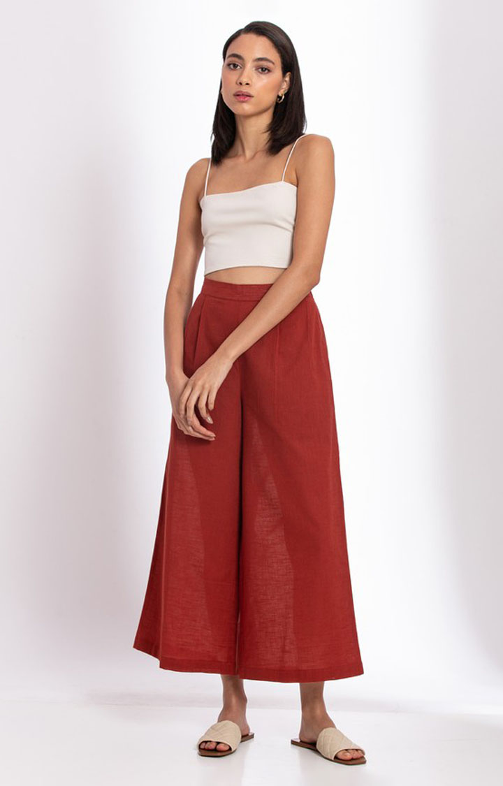Women's Red Linen Solid Casual Pant