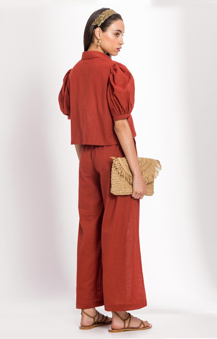 Women's Red Linen Solid Co-ords