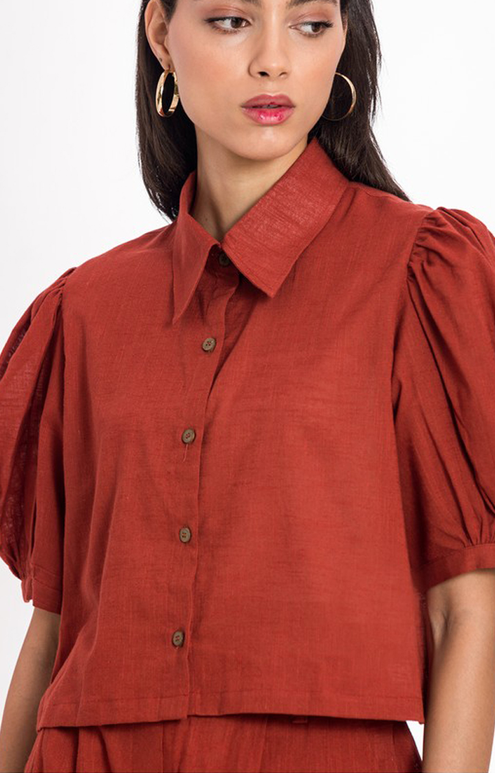 Women's Red Linen Solid Co-ords