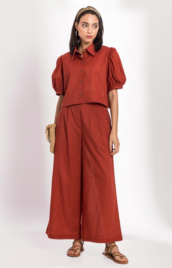 Women's Red Linen Solid Co-ords
