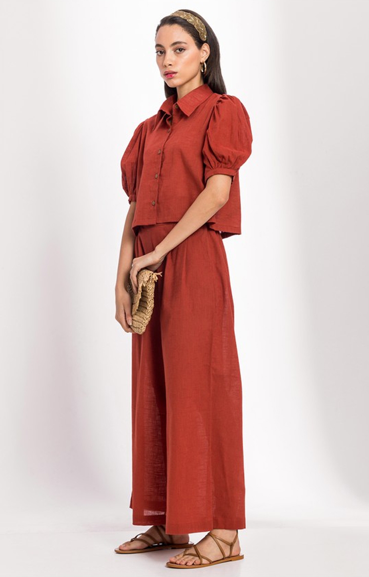 Women's Red Linen Solid Co-ords