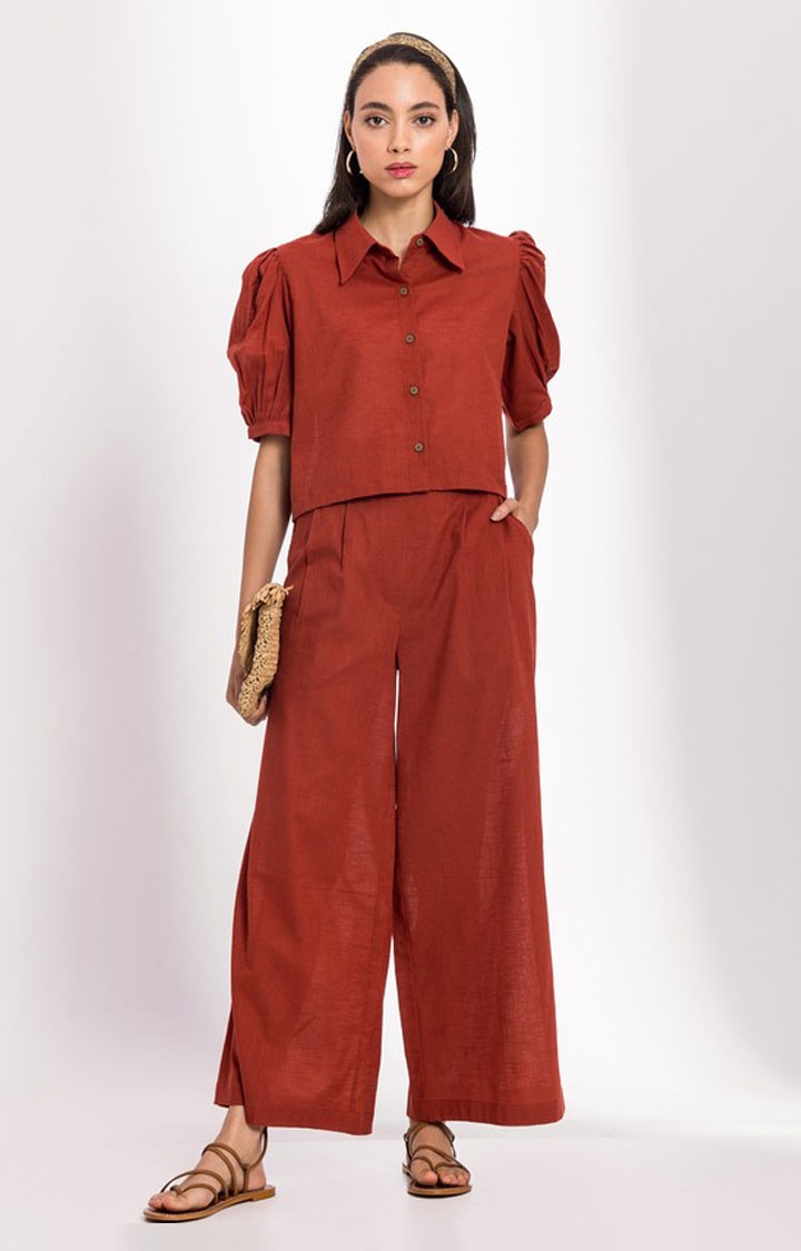 Palison | Women's Red Linen Solid Co-ords