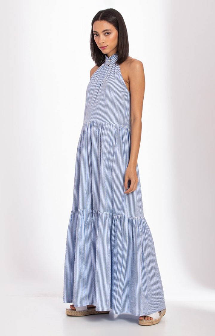 Palison | Women's Blue Cotton Striped Tiered Dress