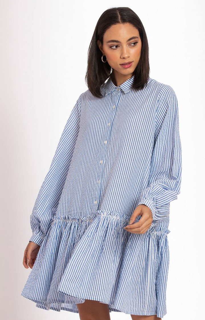Palison | Women's Blue Cotton Striped Shirt Dress