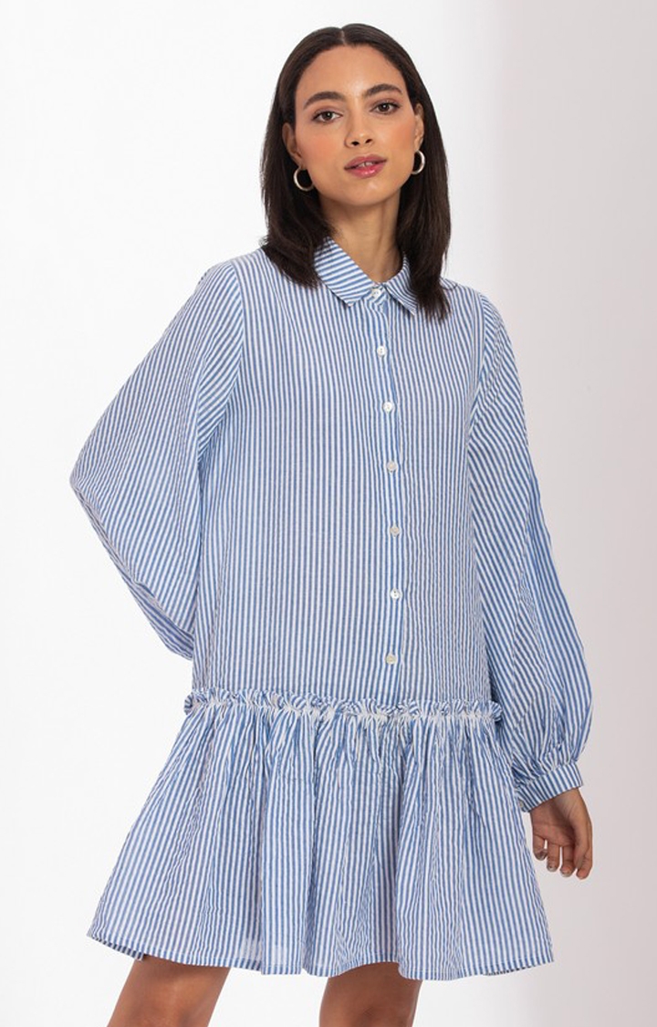 Palison | Women's Blue Cotton Striped Shirt Dress 1