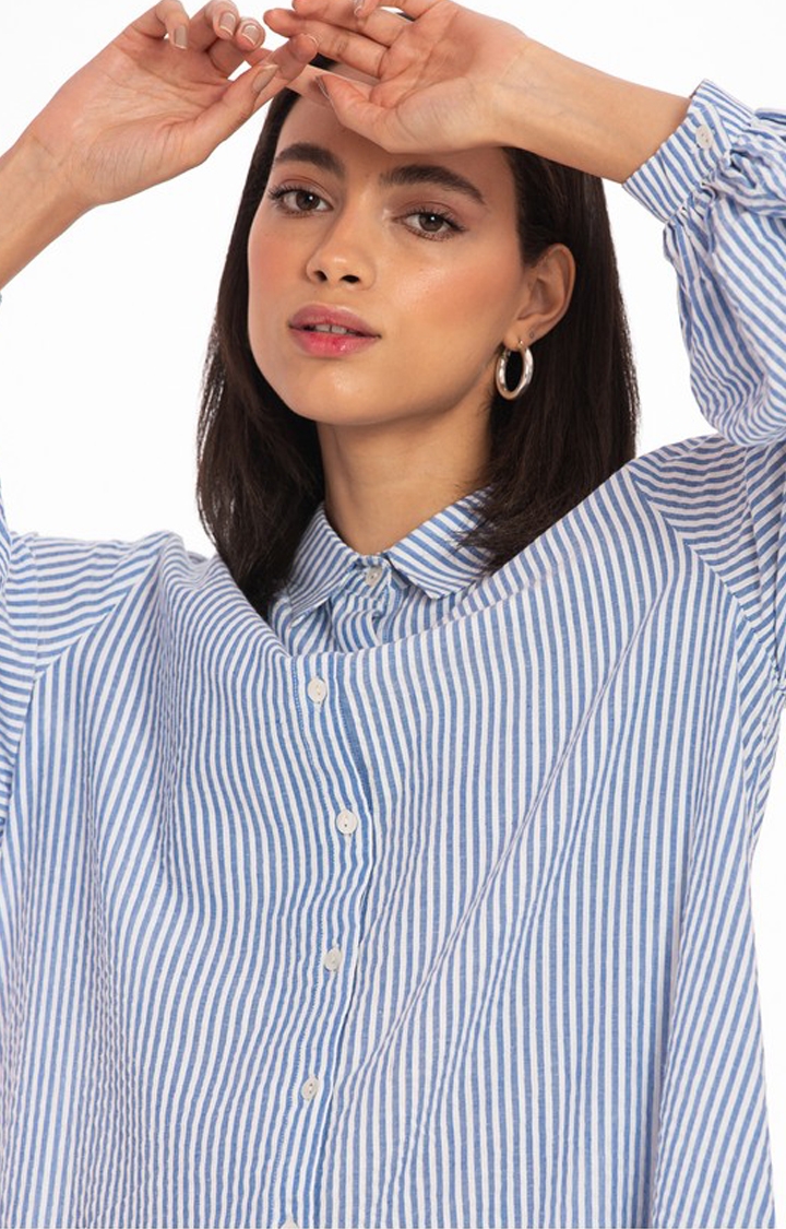 Palison | Women's Blue Cotton Striped Shirt Dress 3