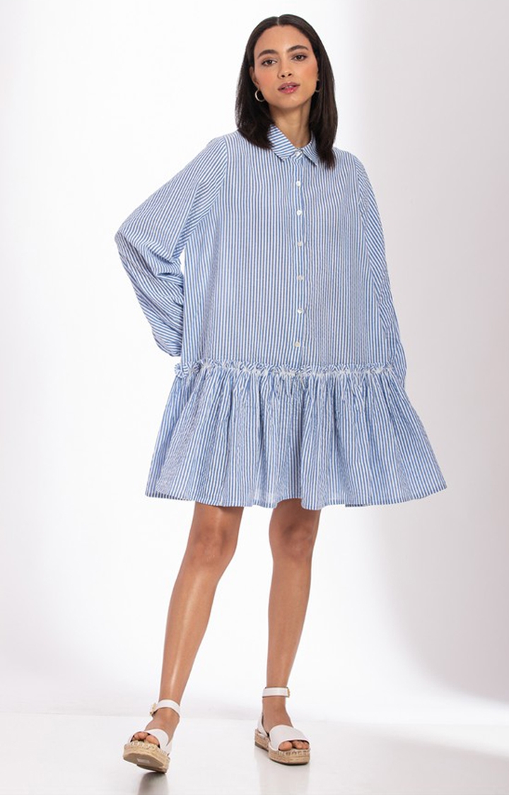Palison | Women's Blue Cotton Striped Shirt Dress 4