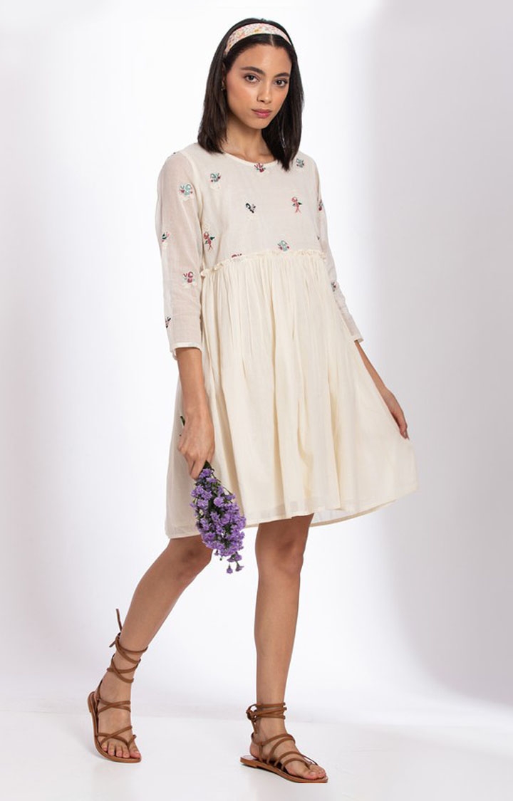 Palison | Women's White Cotton Printed Fit and Flare Dress