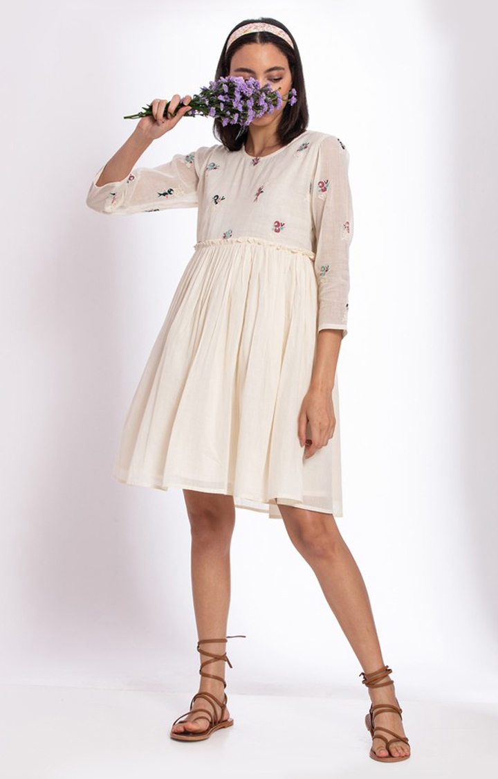 Women's White Cotton Printed Fit and Flare Dress