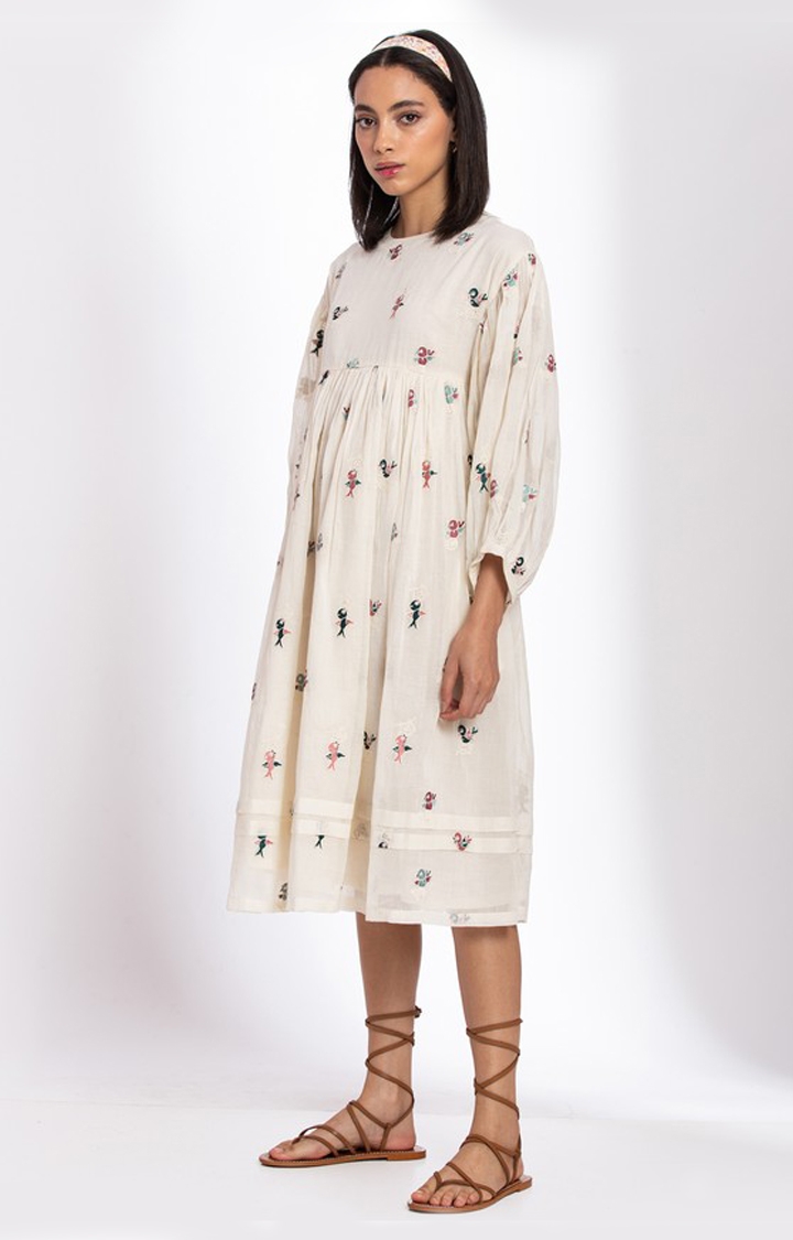 Palison | Women's White Cotton Printed Fit and Flare Dress 2