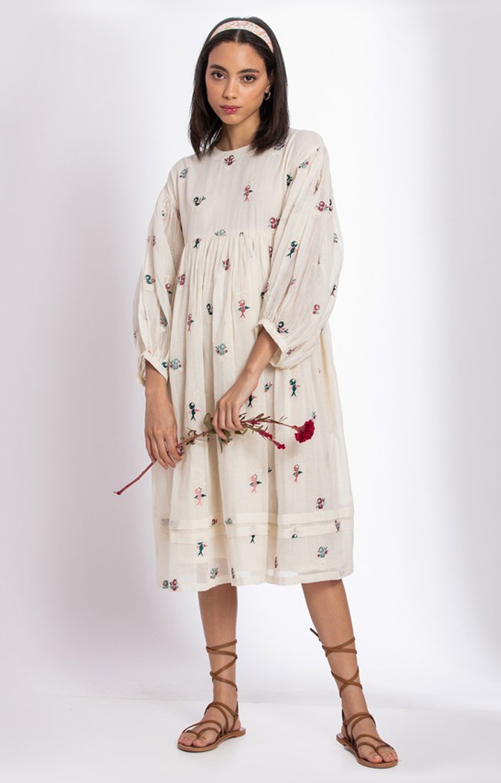Palison | Women's White Cotton Printed Fit and Flare Dress 3
