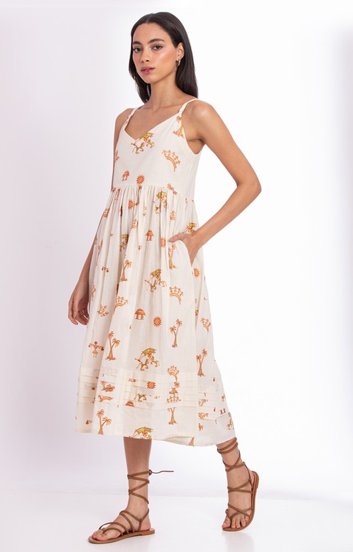 Women's White Cotton Printed Fit and Flare Dress