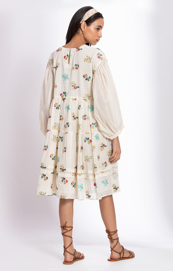 Women's Off White Cotton Floral Printed Tiered Dress