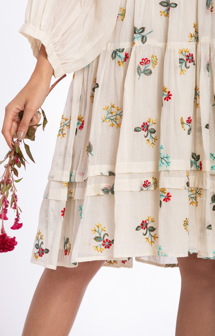 Women's Off White Cotton Floral Printed Tiered Dress