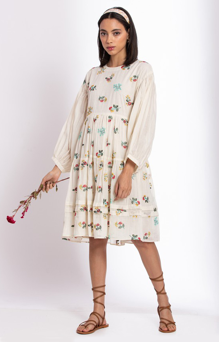 Women's Off White Cotton Floral Printed Tiered Dress