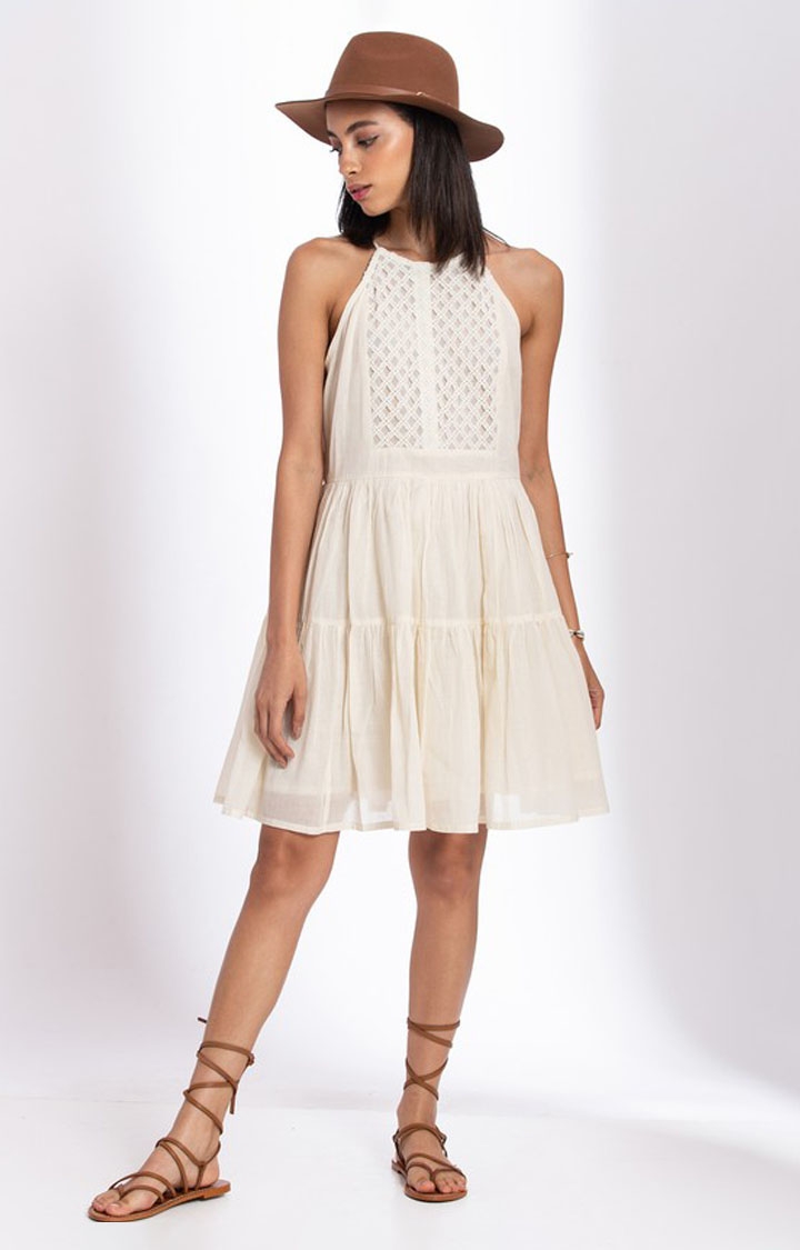 Palison | Women's White Cotton Solid Tiered Dress