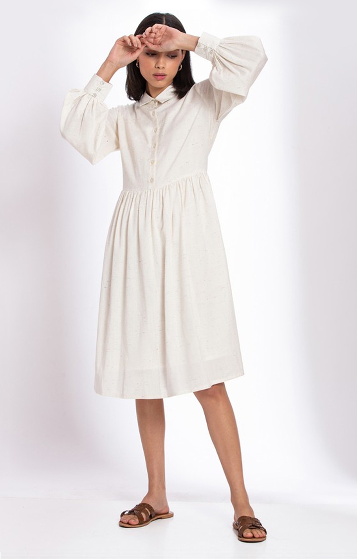 Palison | Women's White Cotton Solid Fit and Flare Dress 1