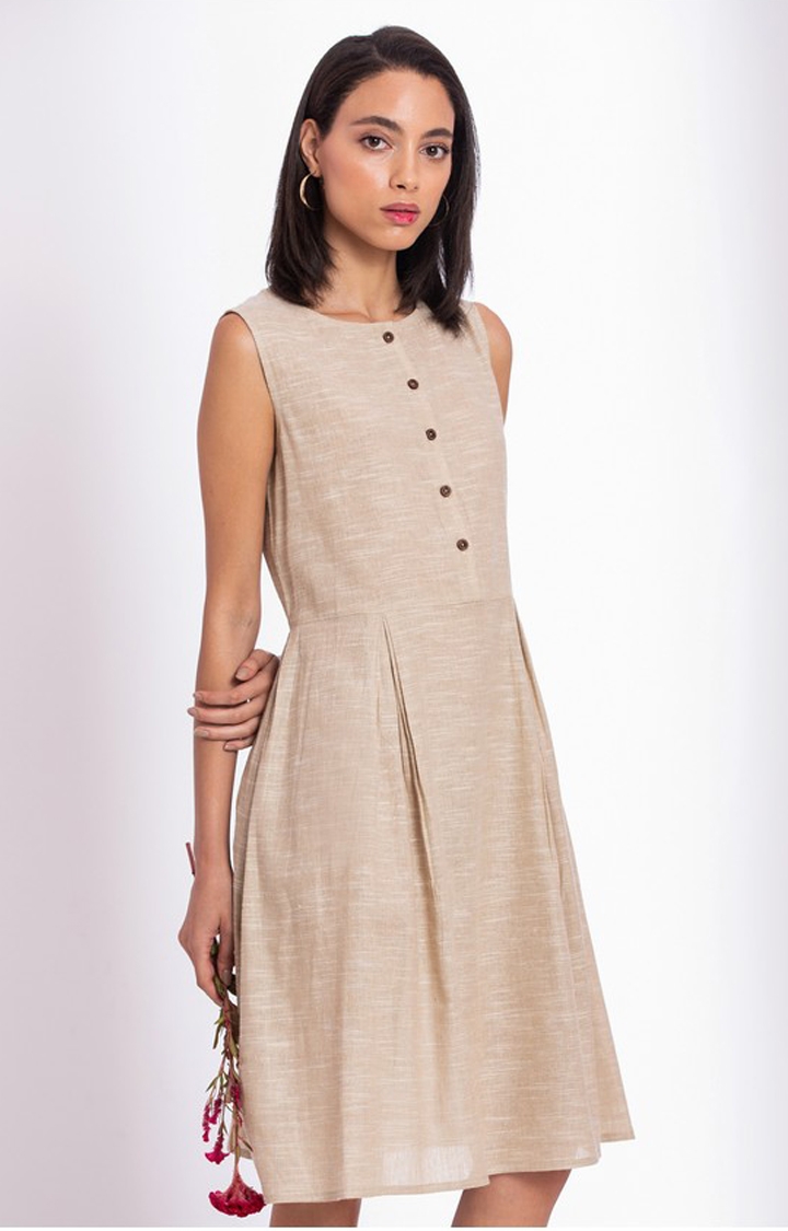 Women's Brown Cotton Melange Textured Fit and Flare Dress