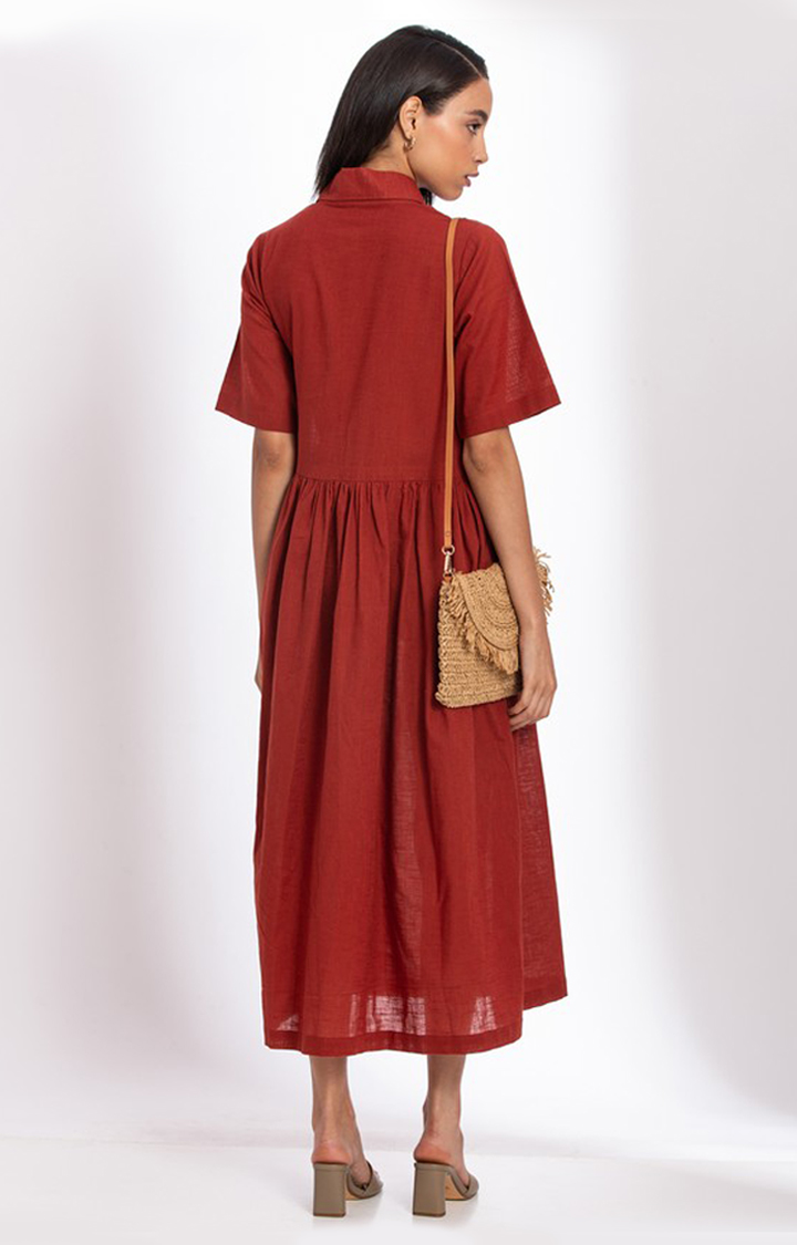 Women's Red Linen Solid Fit and Flare Dress