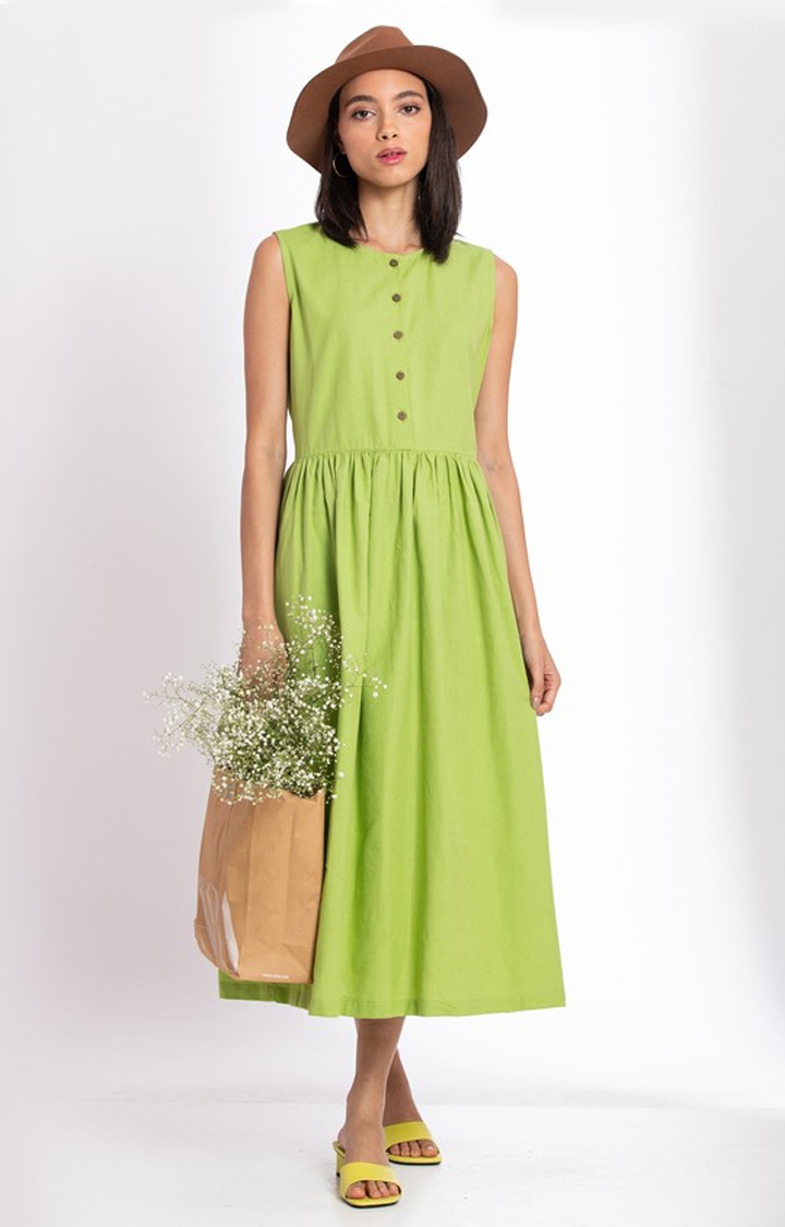 Women's Green Linen Solid Fit and Flare Dress