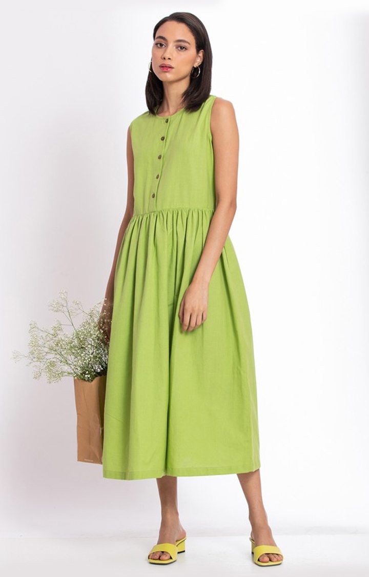 Palison | Women's Green Linen Solid Fit and Flare Dress