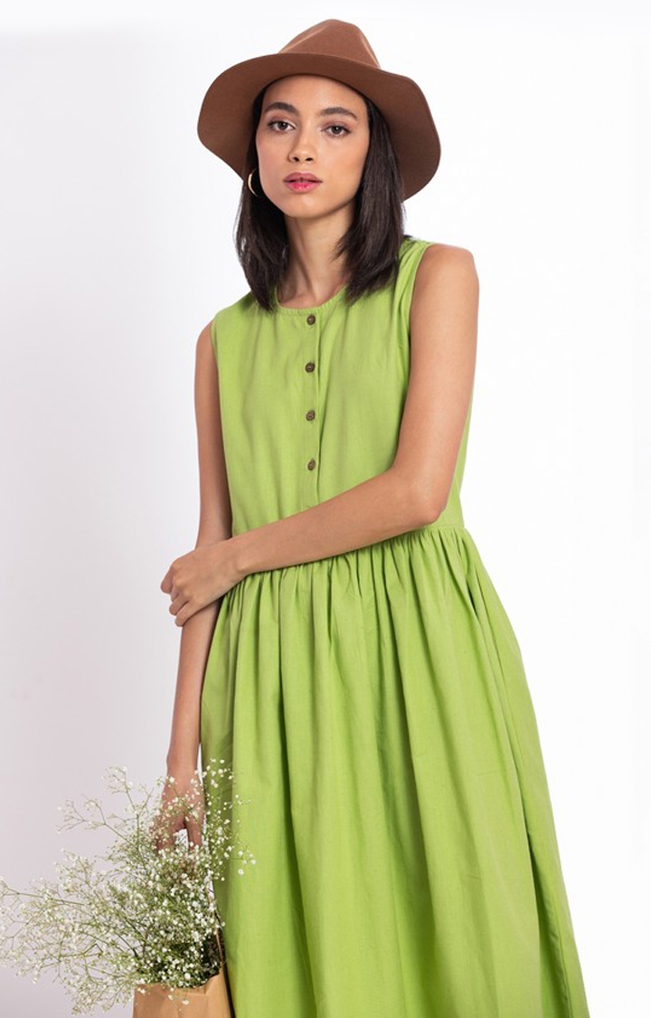 Women's Green Linen Solid Fit and Flare Dress