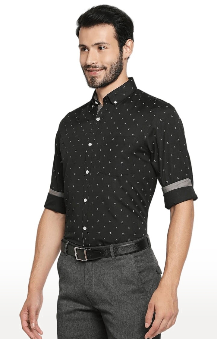 SOLEMIO | Men's Black Cotton Blend Printed Formal Shirt 2