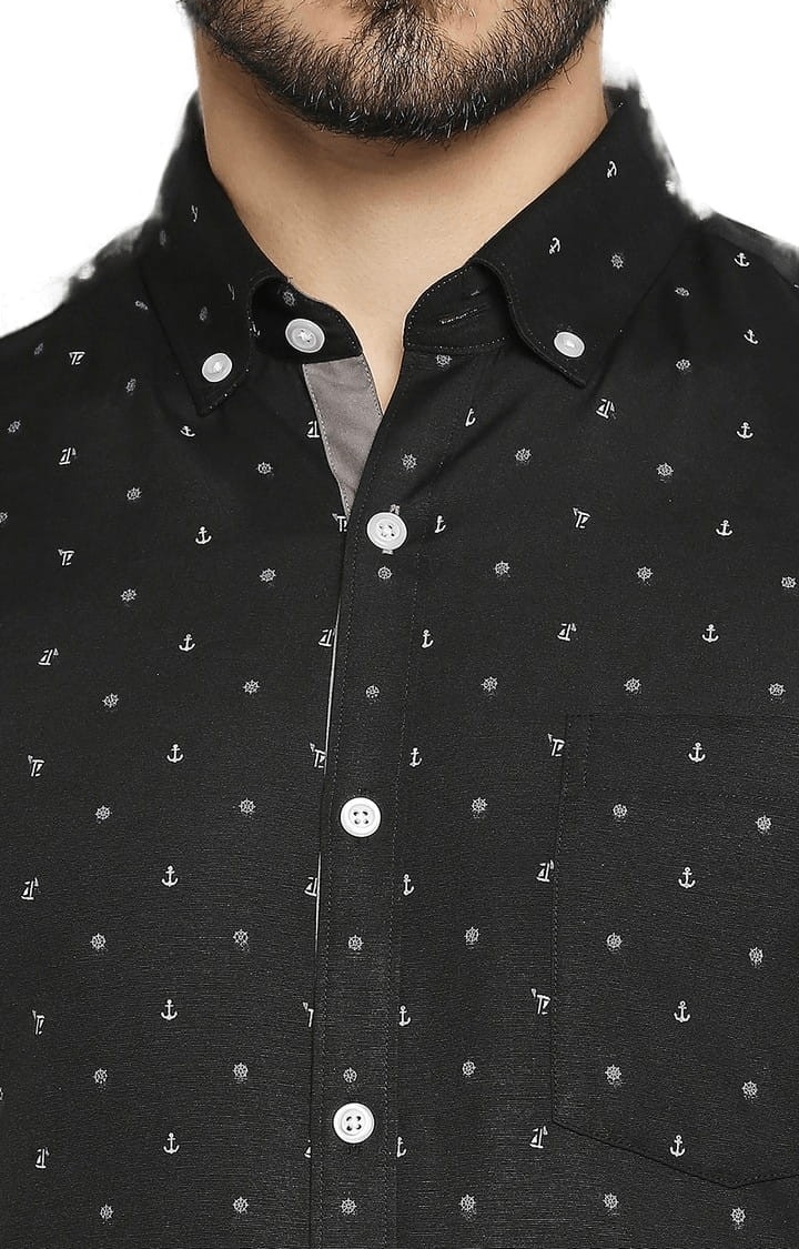 SOLEMIO | Men's Black Cotton Blend Printed Formal Shirt 5