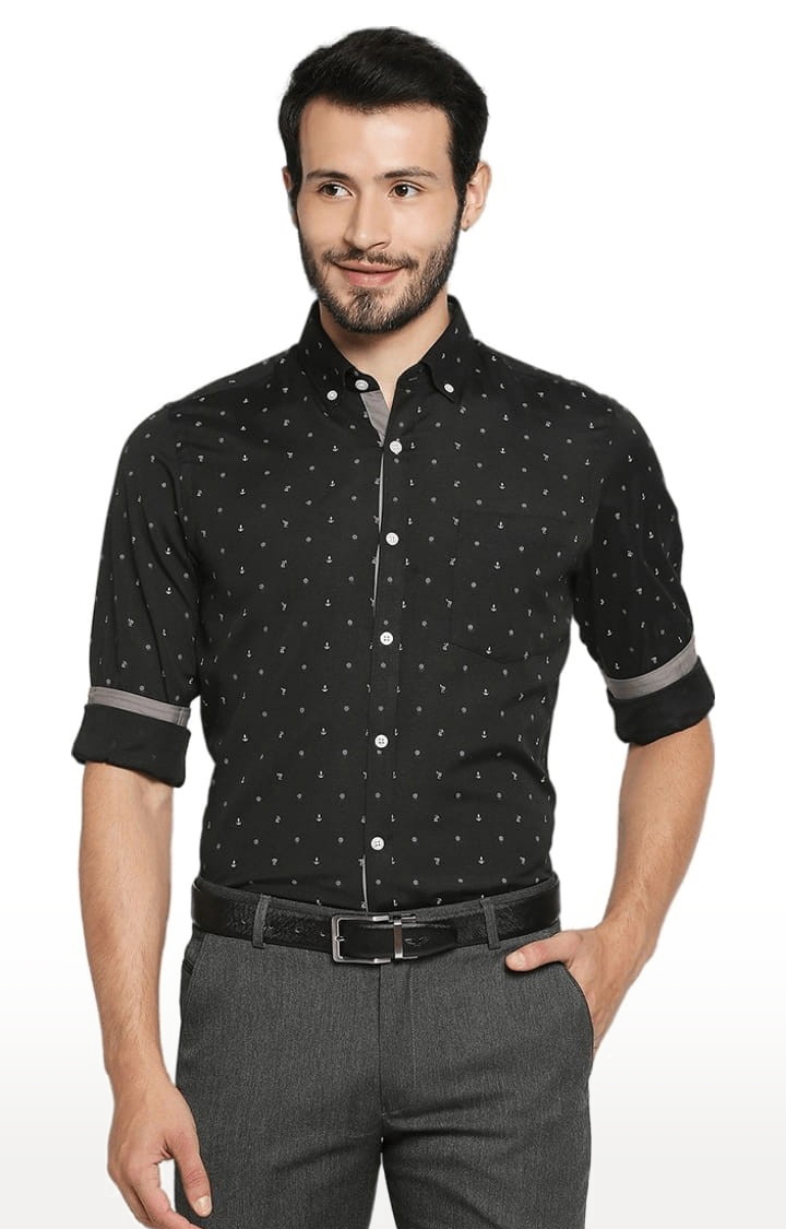 SOLEMIO | Men's Black Cotton Blend Printed Formal Shirt 0