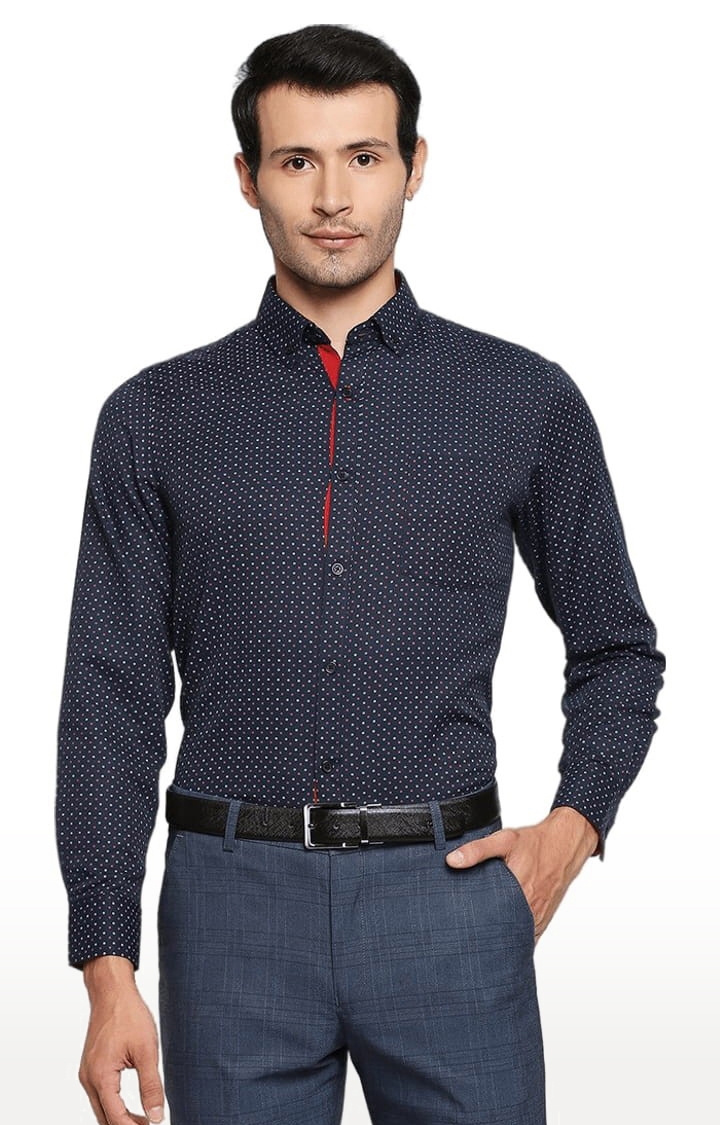 SOLEMIO | Men's Blue Cotton Blend Printed Formal Shirt 0