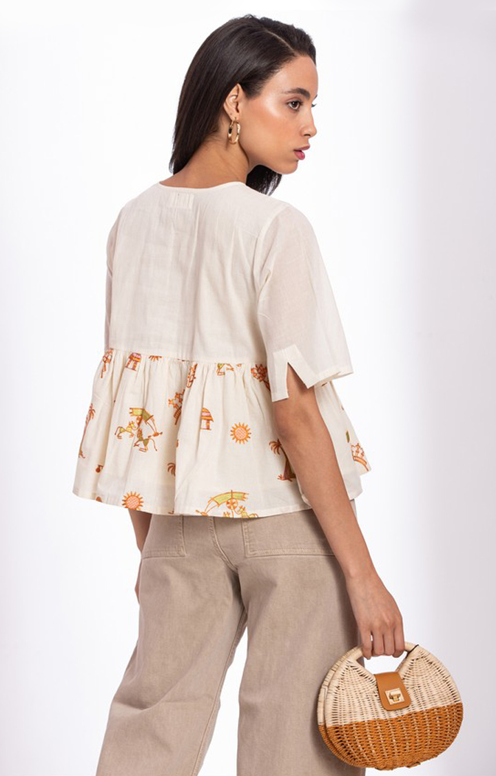 Women's Off White Cotton Printed Peplum Top