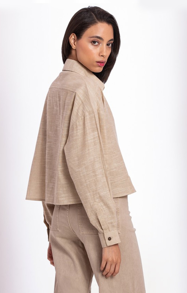 Women's Brown Cotton Melange Textured Crop Shirt
