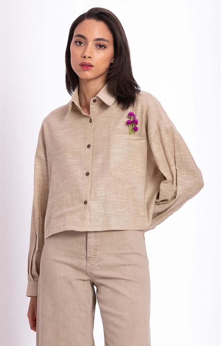 Palison | Women's Brown Cotton Melange Textured Crop Shirt