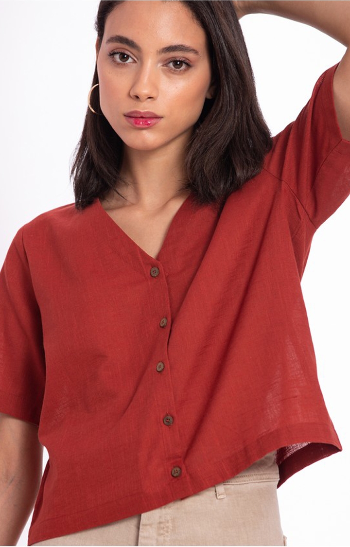 Women's Red Linen Solid Crop Shirt