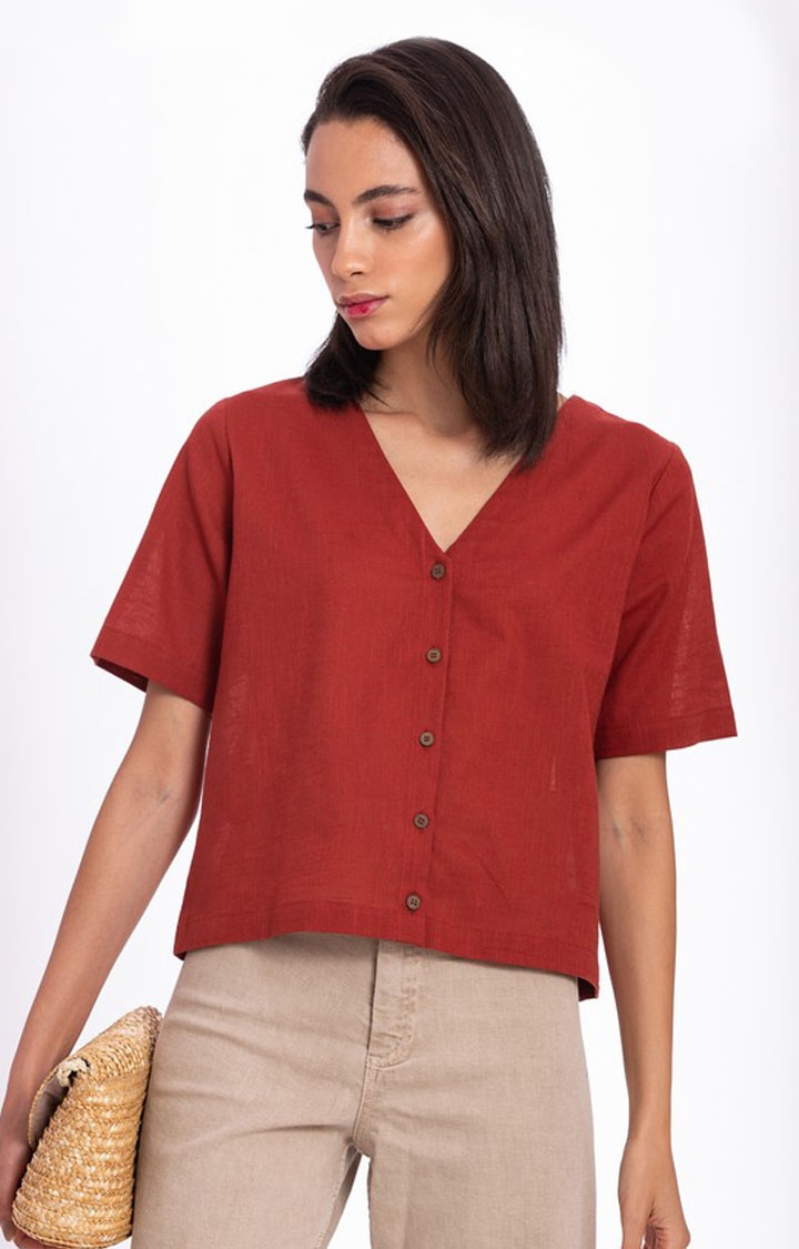Women's Red Linen Solid Crop Shirt