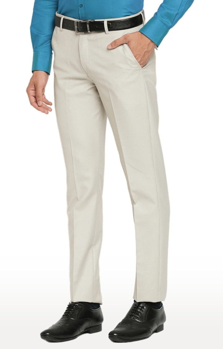 Men's Beige Polyester Solid Formal Trousers