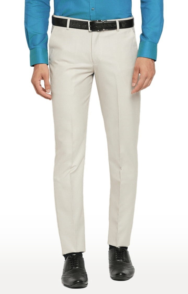 Men's Beige Polyester Solid Formal Trousers