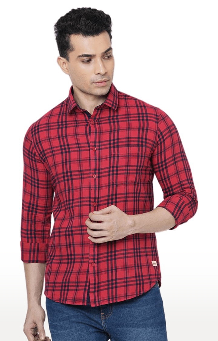 SOLEMIO | Men's Red Cotton Checked Casual Shirt 0