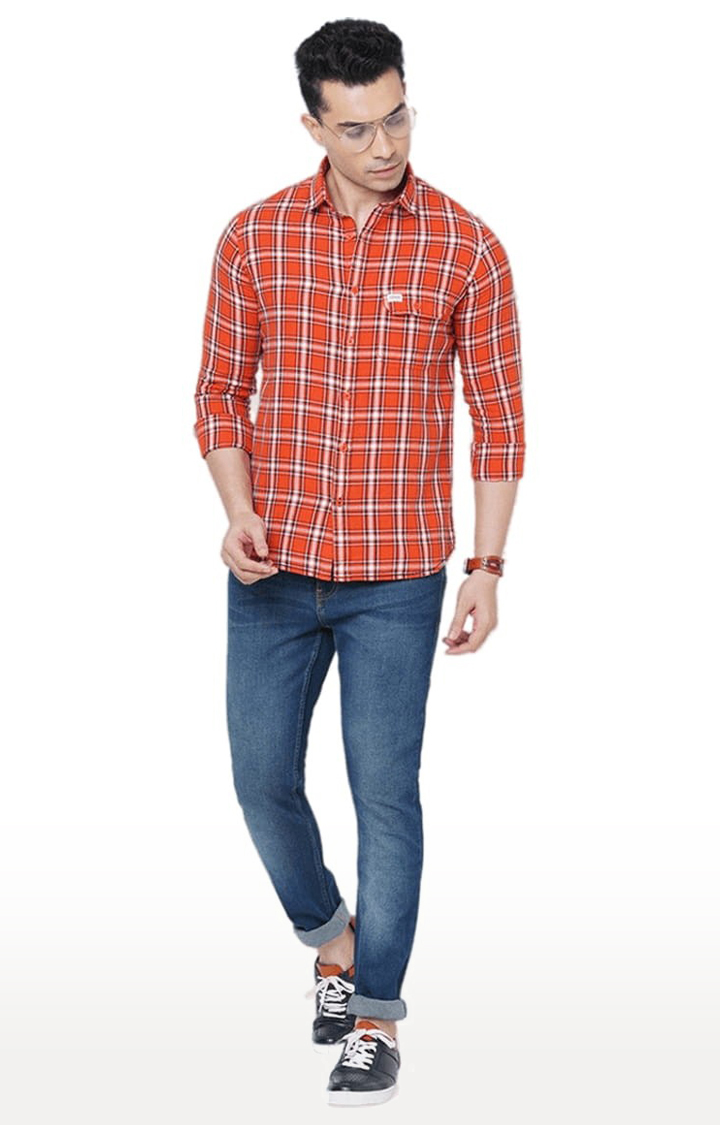 Men's Orange Cotton Checked Casual Shirt