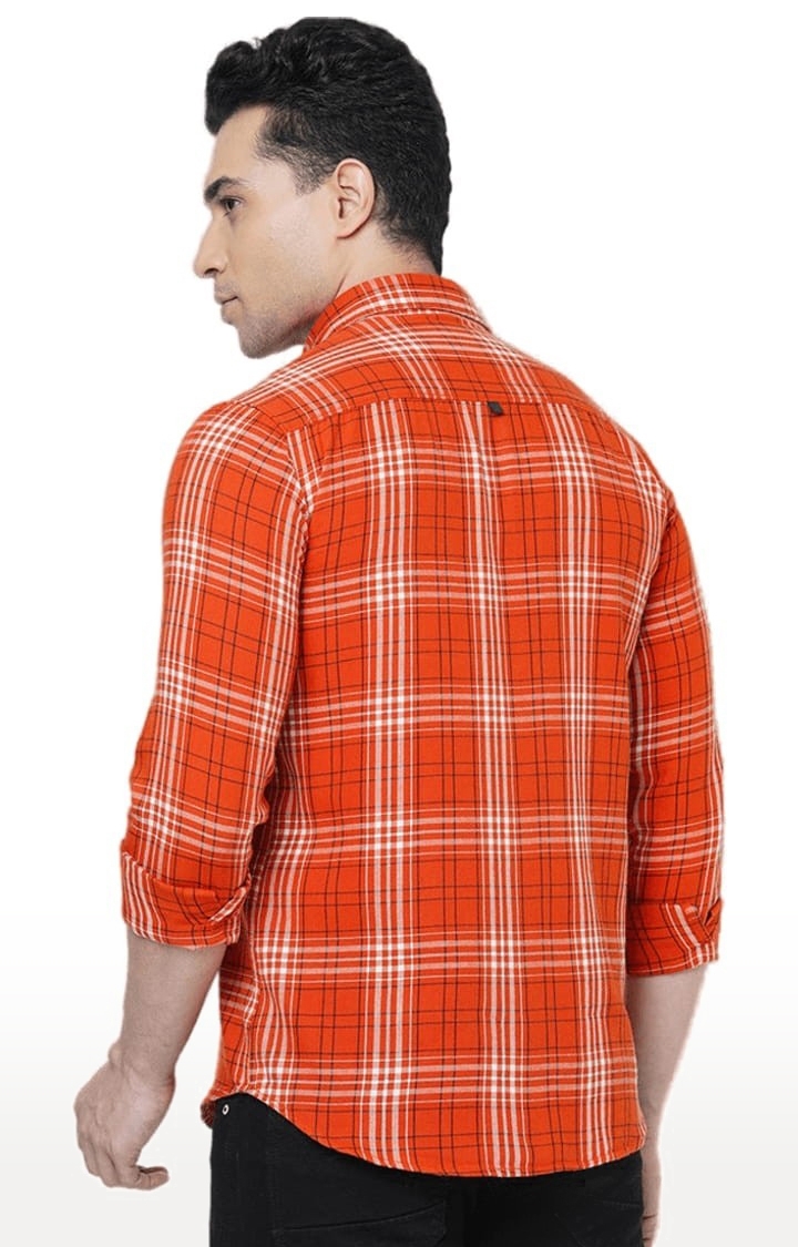 SOLEMIO | Men's Orange Cotton Checked Casual Shirt 3