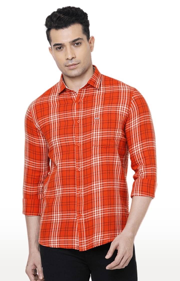 SOLEMIO | Men's Orange Cotton Checked Casual Shirt 0