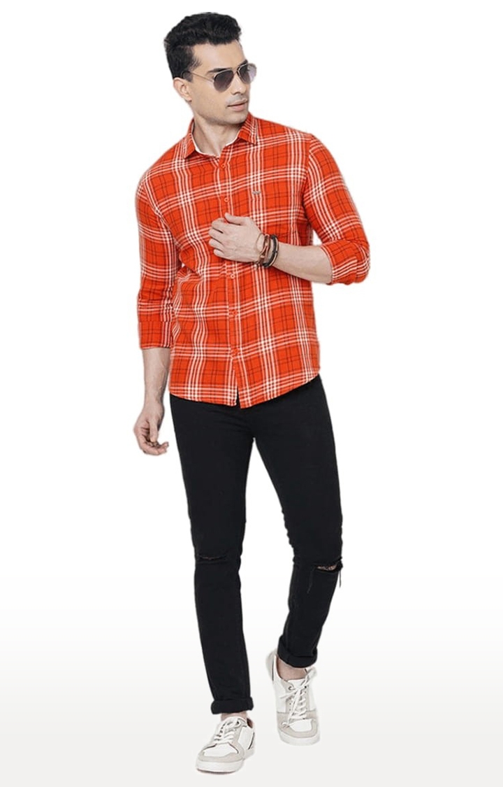 SOLEMIO | Men's Orange Cotton Checked Casual Shirt 1